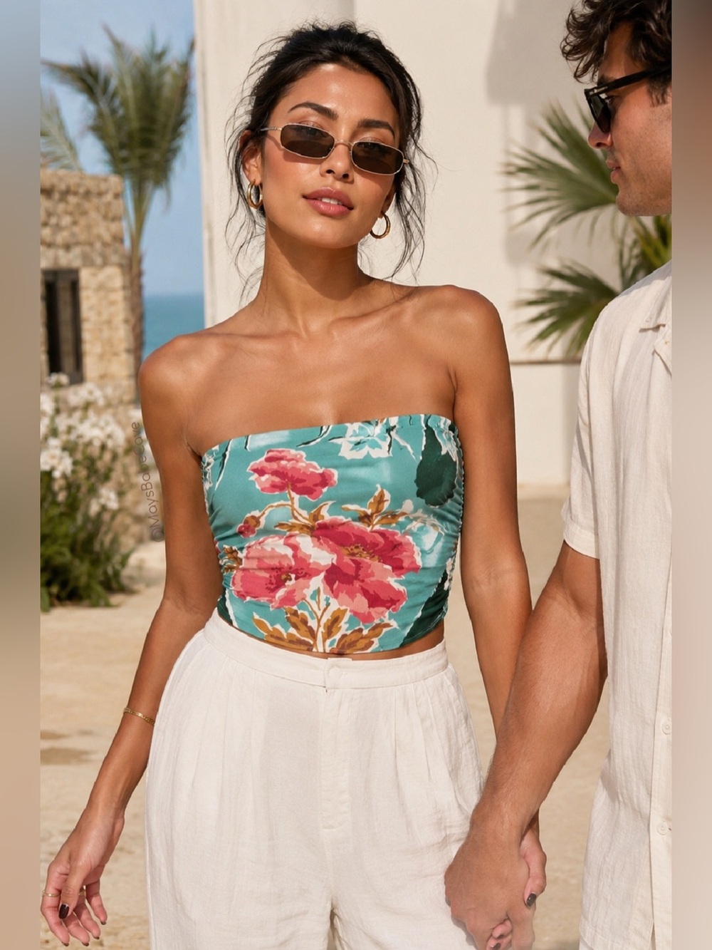 Reformation Teal Green Strapless Floral Patterned Top